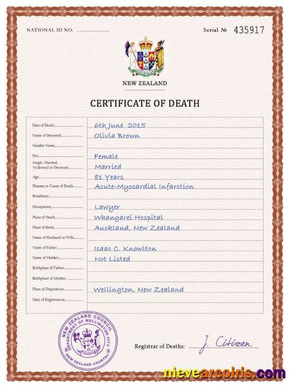 New Zealand vital record death certificate